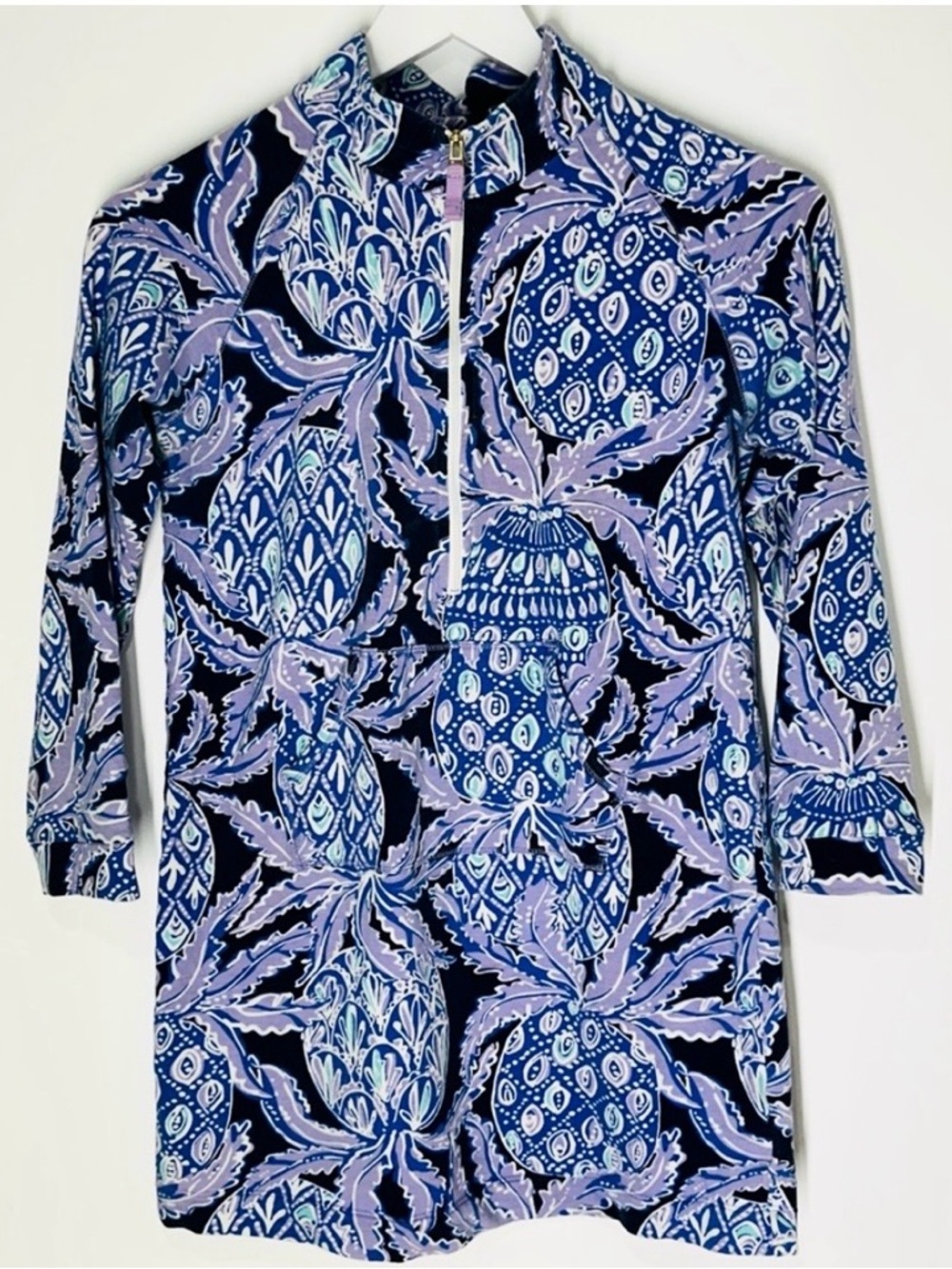 Lilly Pulitzer Pineapple Print Dress XL Blue Purple Quarter Zip Shift Dress
